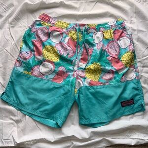 Vineyard Vines Blue and Pink Swim Trunks with Tropical Design